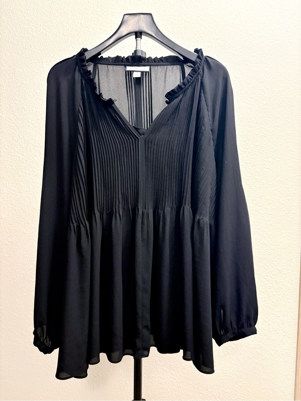 Charter Club Romantic Black Pleated V-Neck Ruffle Blouse